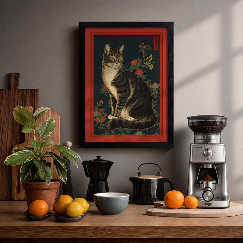 Tabby and Flowers Japandi - Framed Print, Black, A3 - 42.0 x 29.7 cm