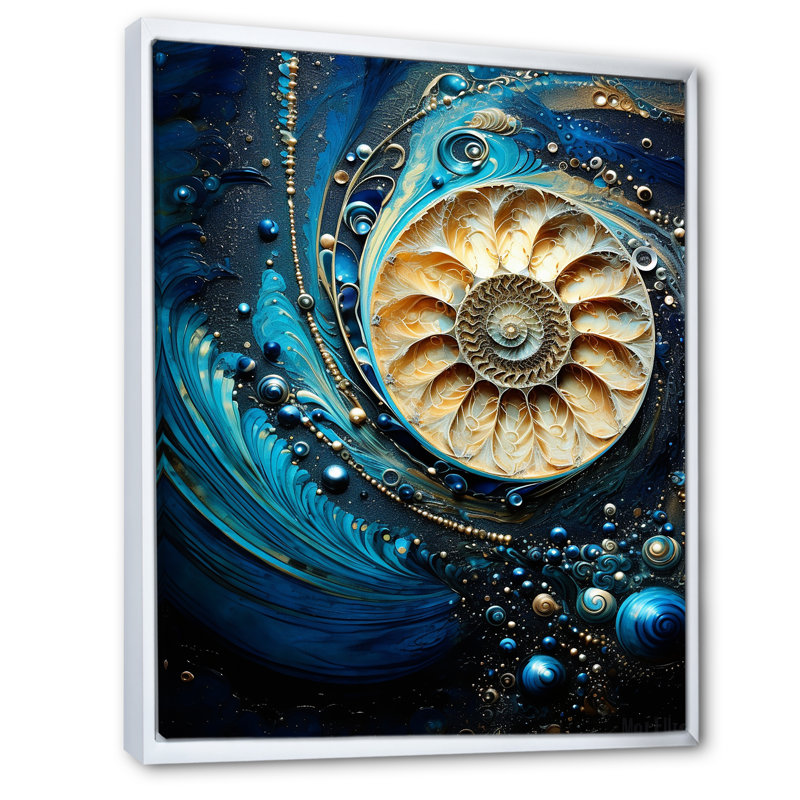 Nautilus, saphir, coquillages I sur toile, Cadre flottant blanc, H 32 po x l 16 po x P 1 po