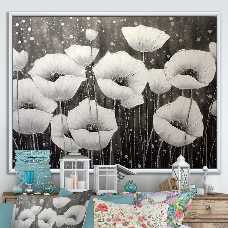 Coquelicots gris argent sérénité, H 34 po x l 44 po x P 1,5 po, Cadre flottant blanc