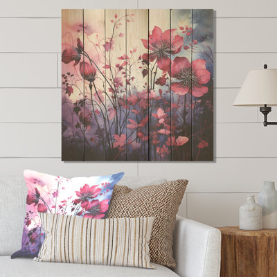 Blue And Pink Twilight Poppies Glowing Meadow II - Poppies On Wood Print