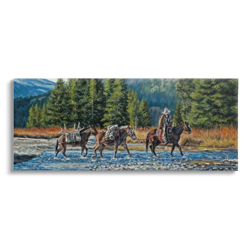 Aw-173-Canvas Crossing River Cowboy Landscape on Canvas par David Graham, peinture, H 17 po x l 40 po x P 1,5 po