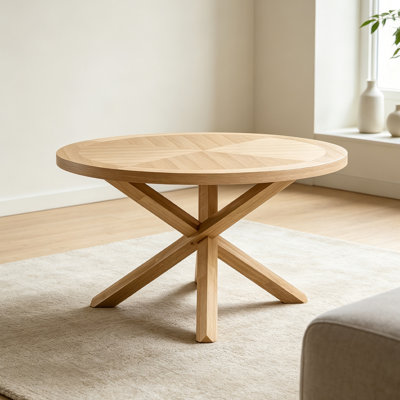 Table de salle à manger ronde moderne et élégante de 137 cm (54 po) avec dessus en placage de chêne et piètement géométrique en forme de X