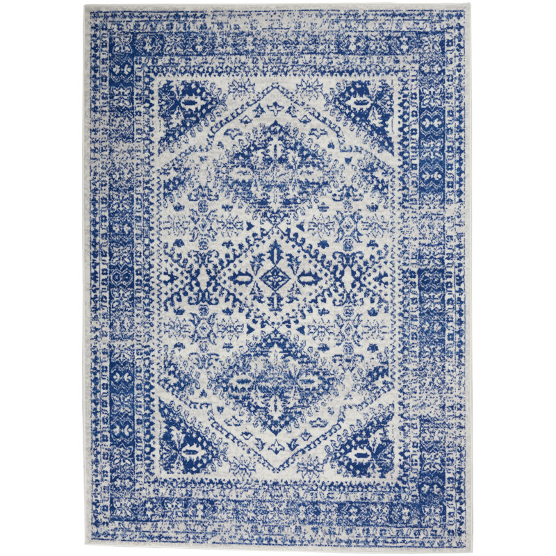 Concow Geometric Blue/White Area Rug, Rectangle 3' x 5'