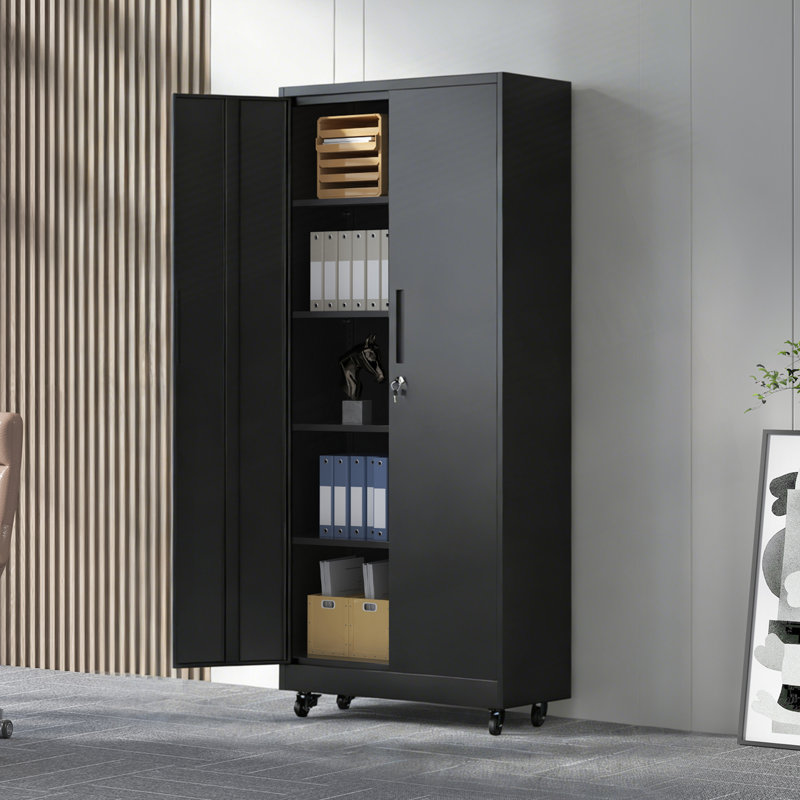 71"H Metal Garage Storage Cabinet with Wheels and Lock,  4 Adjustable Shelves
