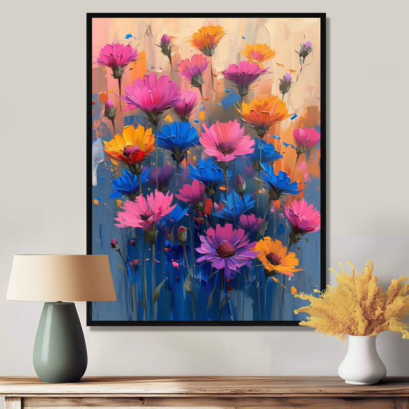 Fleurs bleues et bleues éclatantes - Art mural, Toile avec cadre flottant noir, H 32 po x l 16 po x P 1 po