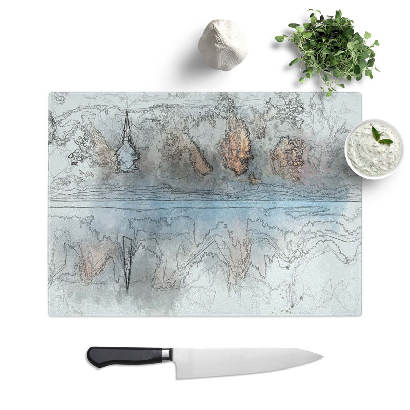 Tempered Glass Church and Forest in the Lake Chopping Board, 39 cm W x 28.5 cm L