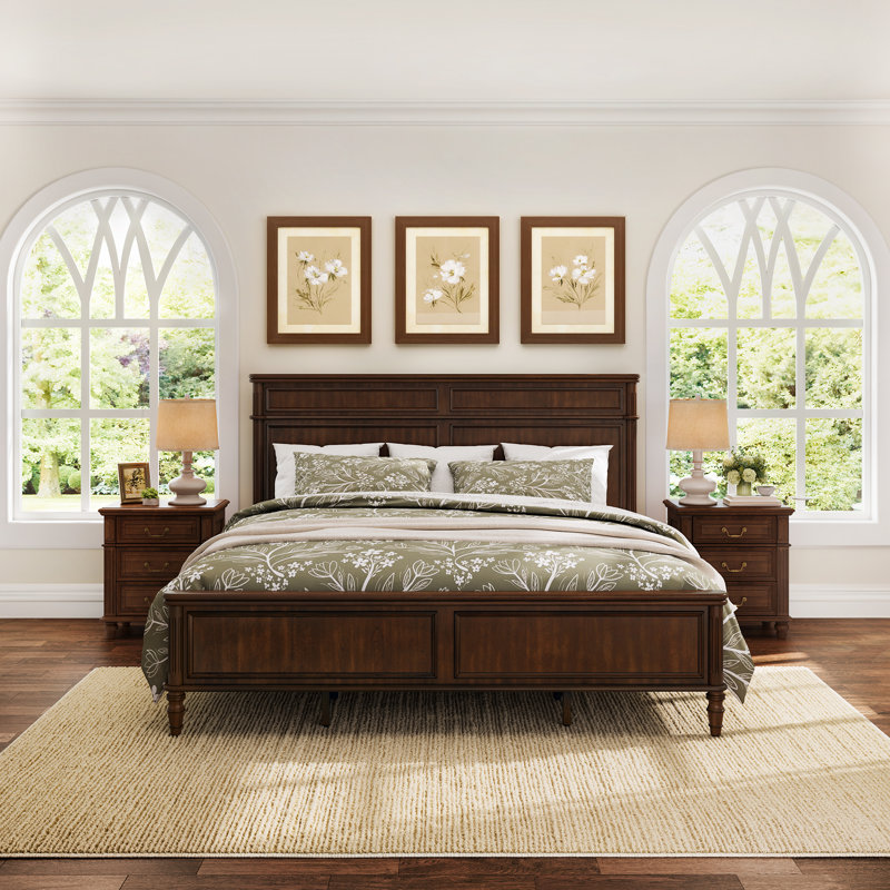 Mid-Century Modern Solid Wood Platform Bed with Cross-patterned Headboard, King, Dark Walnut