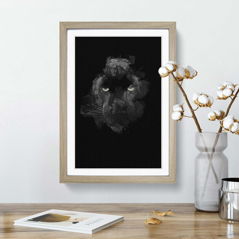 Black Panther in the Shadows in Abstract - Picture Frame Graphic Art Print on MDF, 36cm H x 27cm W x 2cm D, Oak Framed