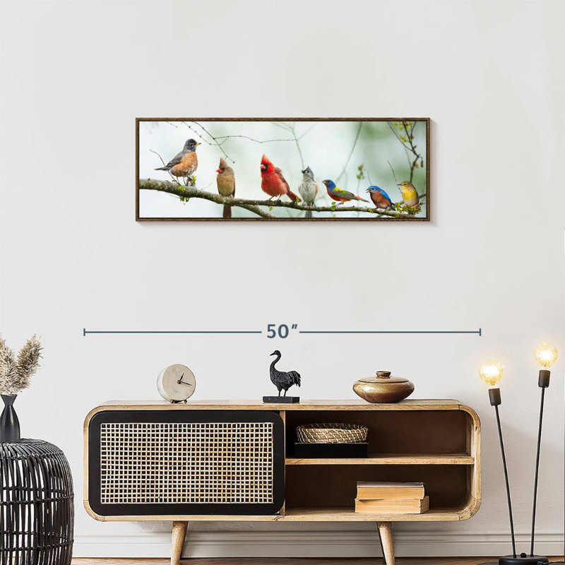 Rassemblement d'oiseaux, Cadre flottant noyer, 37 po x 13 po