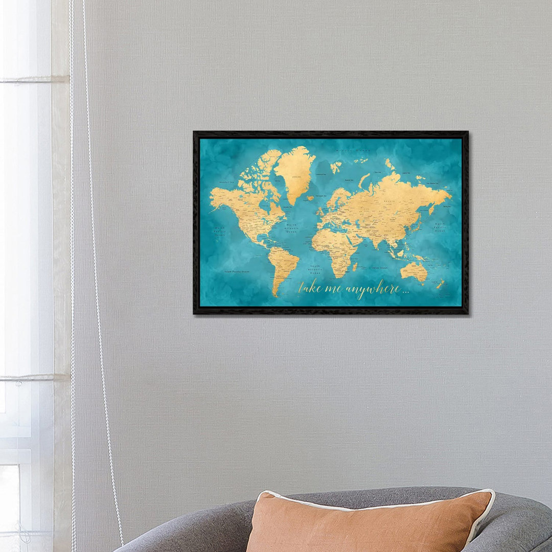 Take Me Anywhere Gold And Teal Detaillierte Weltkarte von Blursbyai - Gallery-Wrapped Canvas Giclée on Canvas