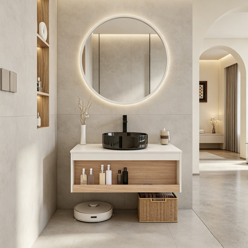 Ensemble de meuble-lavabo moderne flottant avec lavabo vasque en céramique et tablette de rangement ouverte murale (24 po / 30 po / 36 po)