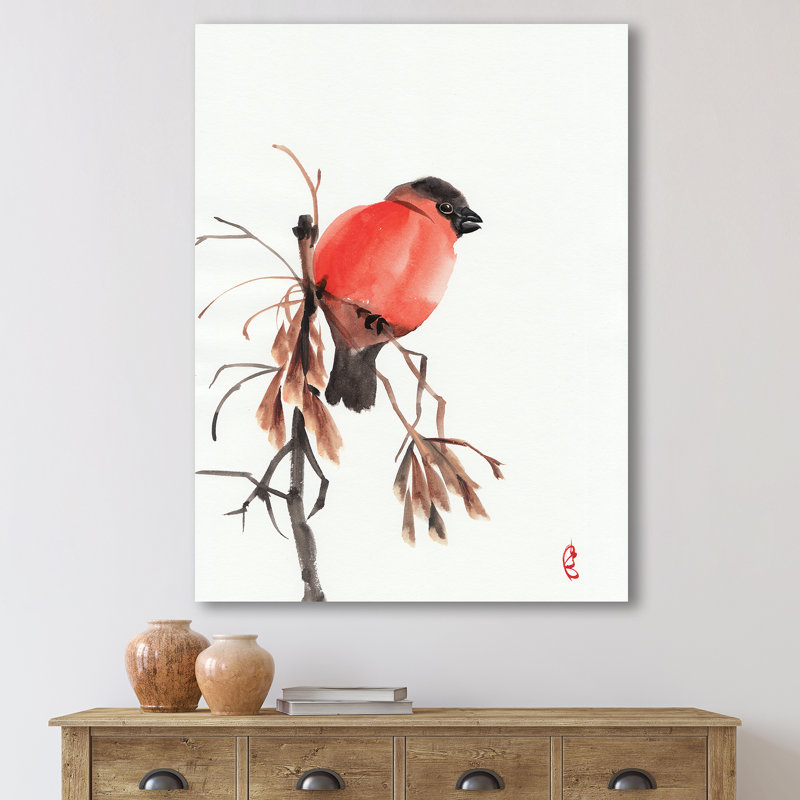 Bouvreuil rouge sur une branche - peinture sur toile, H 32 po x l 24 po x P 1 po, Toile tendue