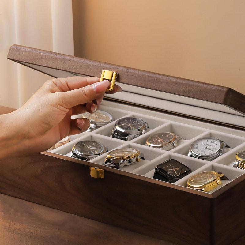 Black Walnut Wooden Watch Box, 10 Slots Display Organizer Holder with Glass Lid, Gift for Men Women.