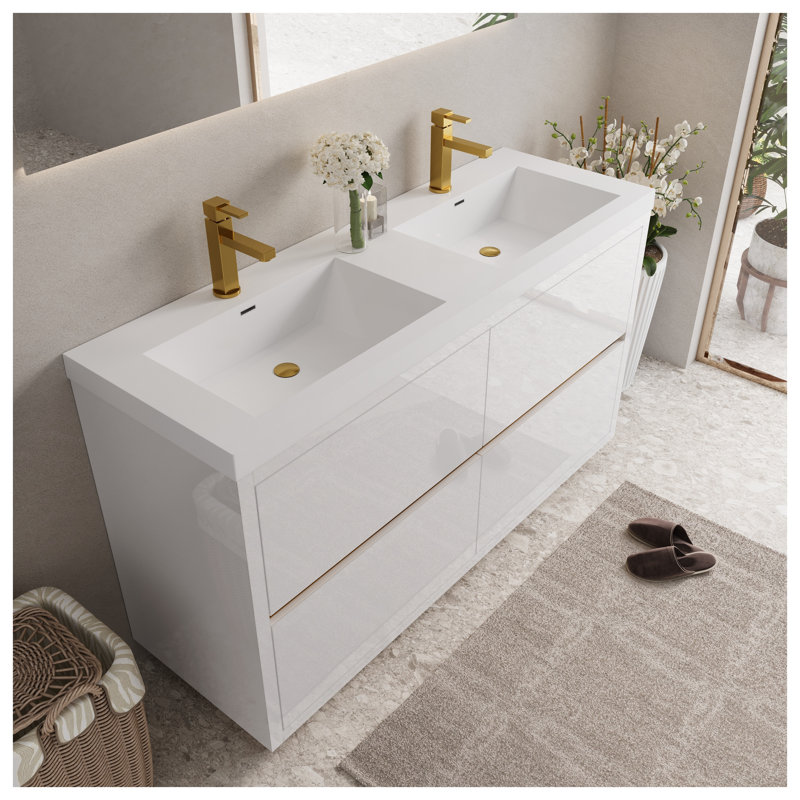 Meuble-lavabo autoportant de 152 cm (60 po) avec comptoir en résine de pierre et tiroirs à fermeture amortie, blanc lustré