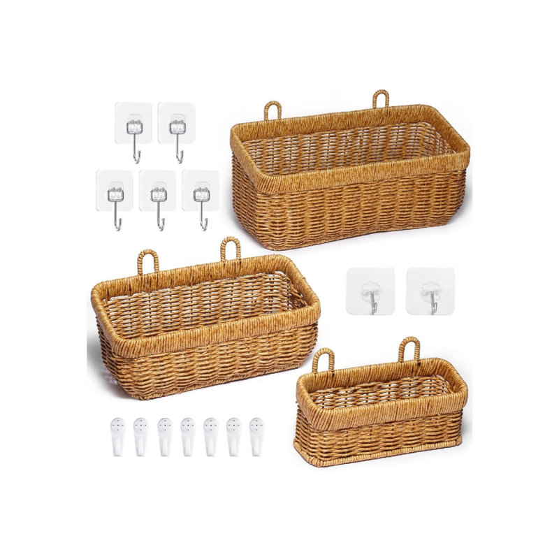 Vintage Woven Storage Basket 3 Pack, Vanity Countertop Table Shelf for Bathroom