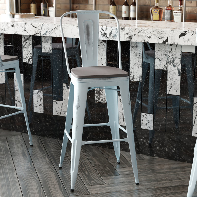 Tabouret à hauteur de comptoir toutes saisons avec siège en résine polyester Brinya, Bleu / gris