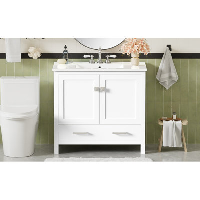 Meuble-lavabo de salle de bain avec lavabo en céramique / portes / tablettes de rangement doubles et armoire de salle de bain moderne à tiroirs divisés