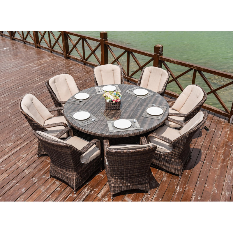 8 - Person Patio Dining Set with Round Table , Cushions Included, Brown, Beige