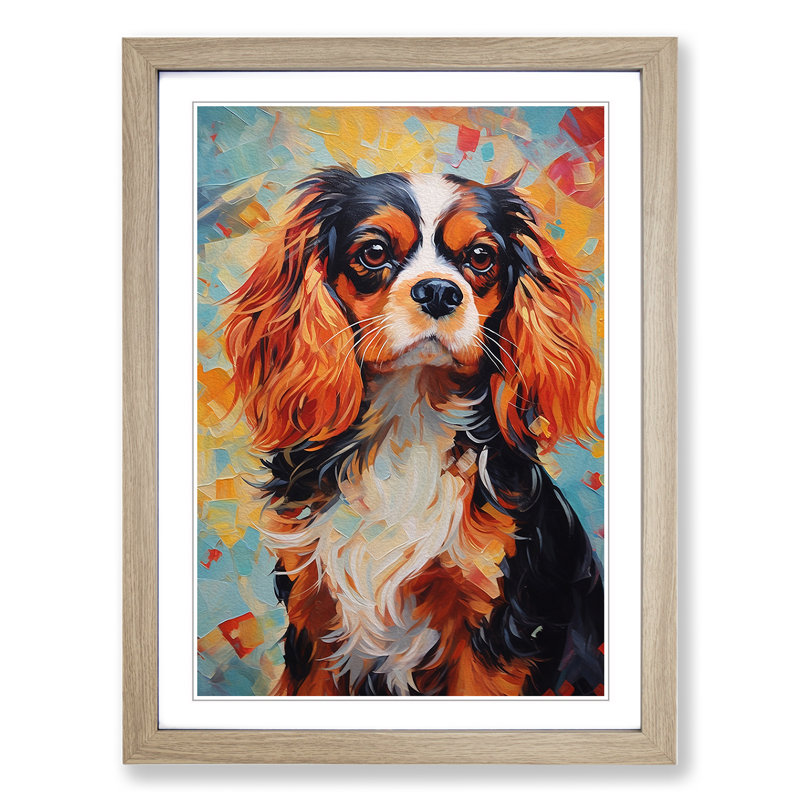 Cavalier King Charles Spaniel Hard Edge No.2 - Single Picture Frame Print on Wood, Oak Framed, 64cm H x 46cm W x 2cm D