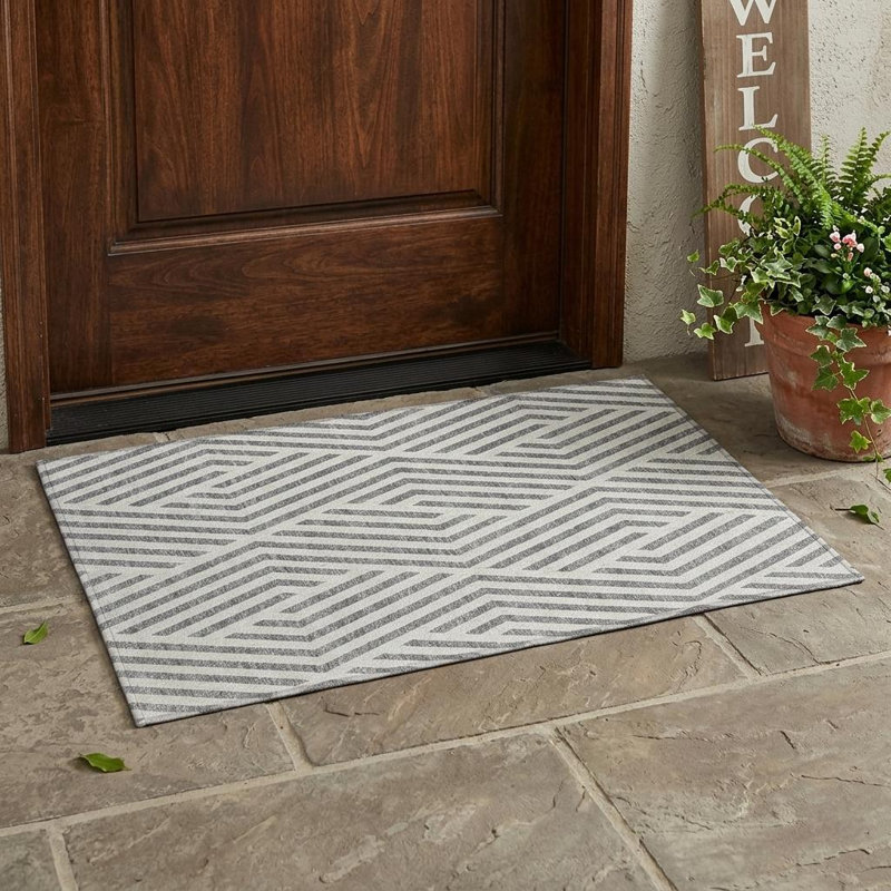 2' X 3' Gray and Ivory Geometric Washable Non Skid Indoor Outdoor Area Rug