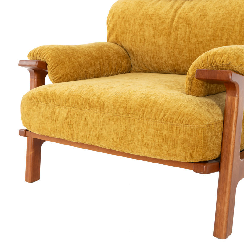 Chaise d'appoint Mid-Century avec structure en bois massif et coussins amovibles, Jaune