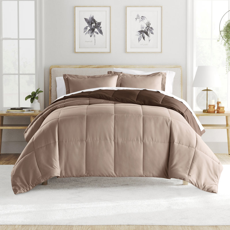 Reversible Down-Alternative Comforter Bedding Set, Twin/TwinXL Comforter + 1 Sham, Taupe