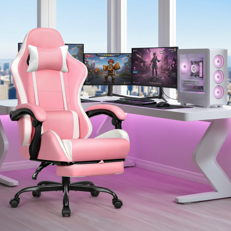 High-Back Reclining Leather Gaming Chair, Pink With Footrest And Lumbar Support, Height Adjustable, Ergonomic And Comfortable Computer Chair For Home And Office Use.