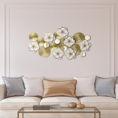 Metal Flower Wall Decor Ivory Metal Plates Mirror Wall Art Rustic Modern Floral Sculpture Floral Blossom Sculpture for Bedroom Living Room Dining Room(Gold,Flower)