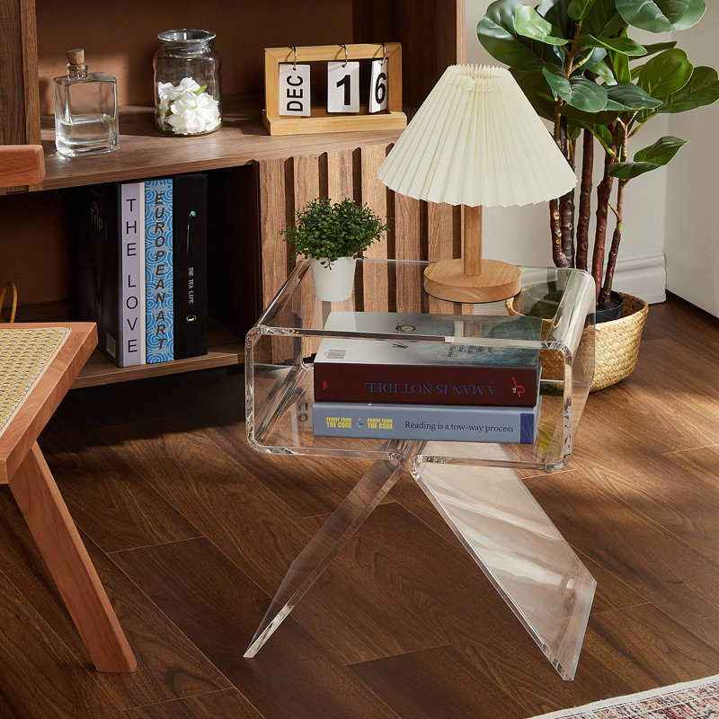 Table d'appoint en R transparente en acrylique transparent, table de chevet moderne transparente avec tablette de rangement ouverte, petite table de bout résistante aux égratignures pour le salon de la chambre à coucher, P 15,4 po x l 11,8 po x H 17,7 po KS87