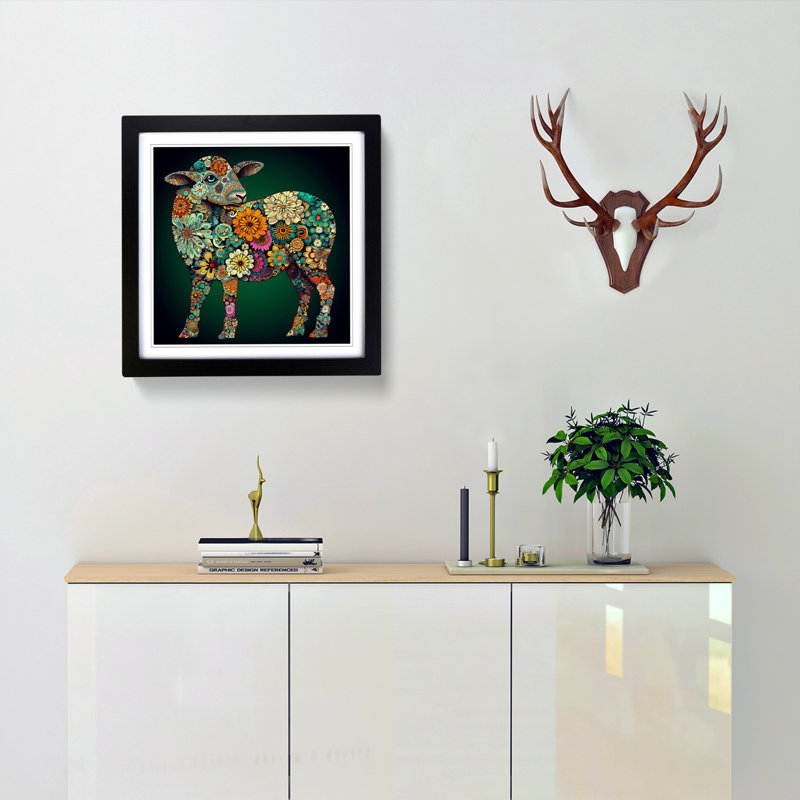Sheep Paisley No.2 - Single Picture Frame Print on Wood, Black