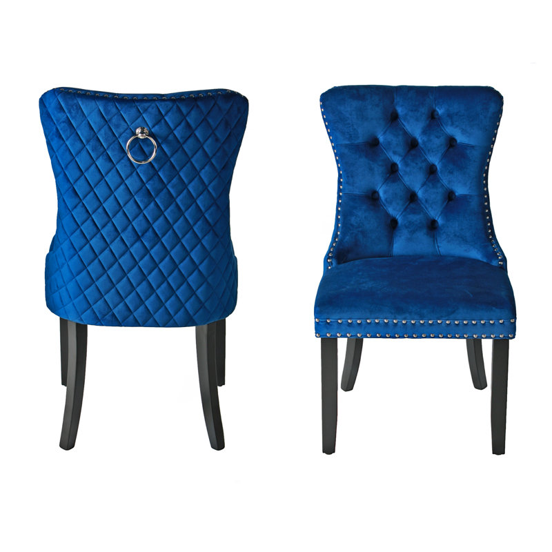 Chaise en velours à dossier matelassé, Bleu