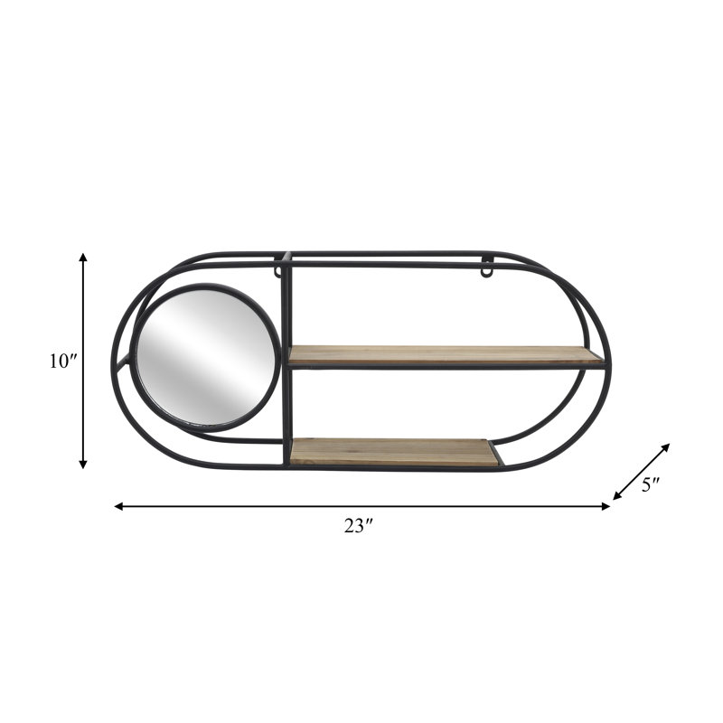 Casual Home Metal and Glass Wall Storage with Round Mirror, Iron Frame, Geometric Design and Dual Shelving