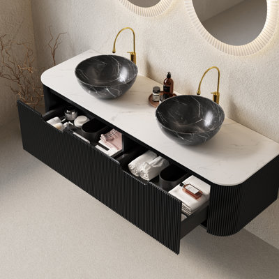 DINA 60" Bathroom Vanity&Sinks, Floating Curved Edges Striped Storage Cabinet with 2 Drawers, 2 Matte Stone Black Bowl Ceramic Basins&Carrara White Sintered Stone Top, Pre-assembled, Black Colour