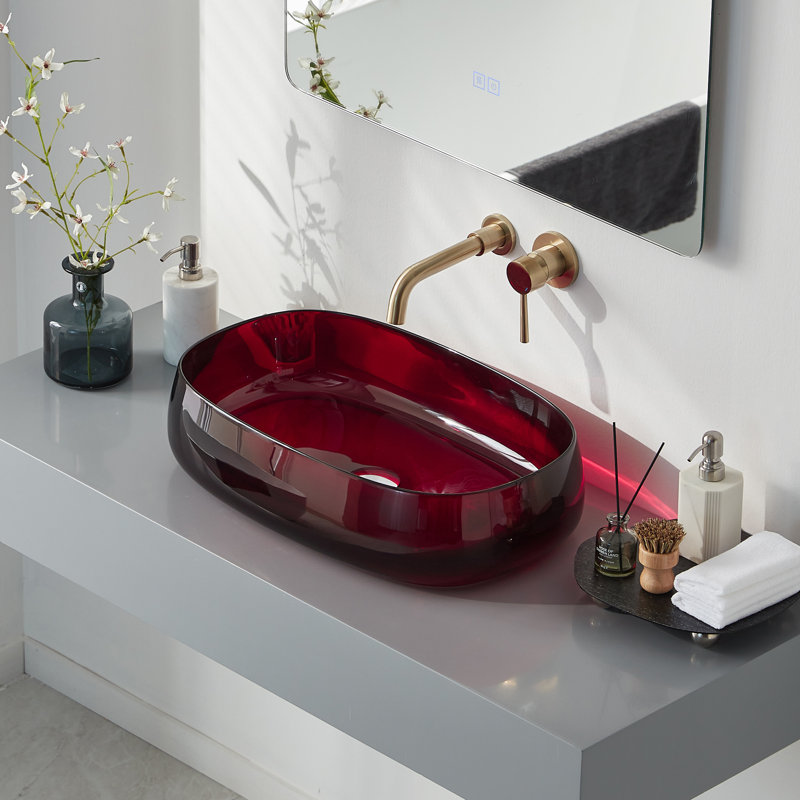 Lavabo de salle de bain vasque ovale en résine transparente 23 po x 15 po Pensen, Rouge
