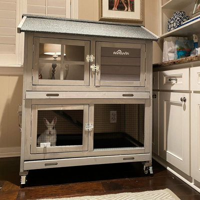 Rabbit Hutch Indoor Outdoor Bunny Cage Rabbit House With Movable Wire Netting, Guinea Pig Habitat On Wheels,pull Out Leak Proof Tray L38.6 X D25.6 X H44.2