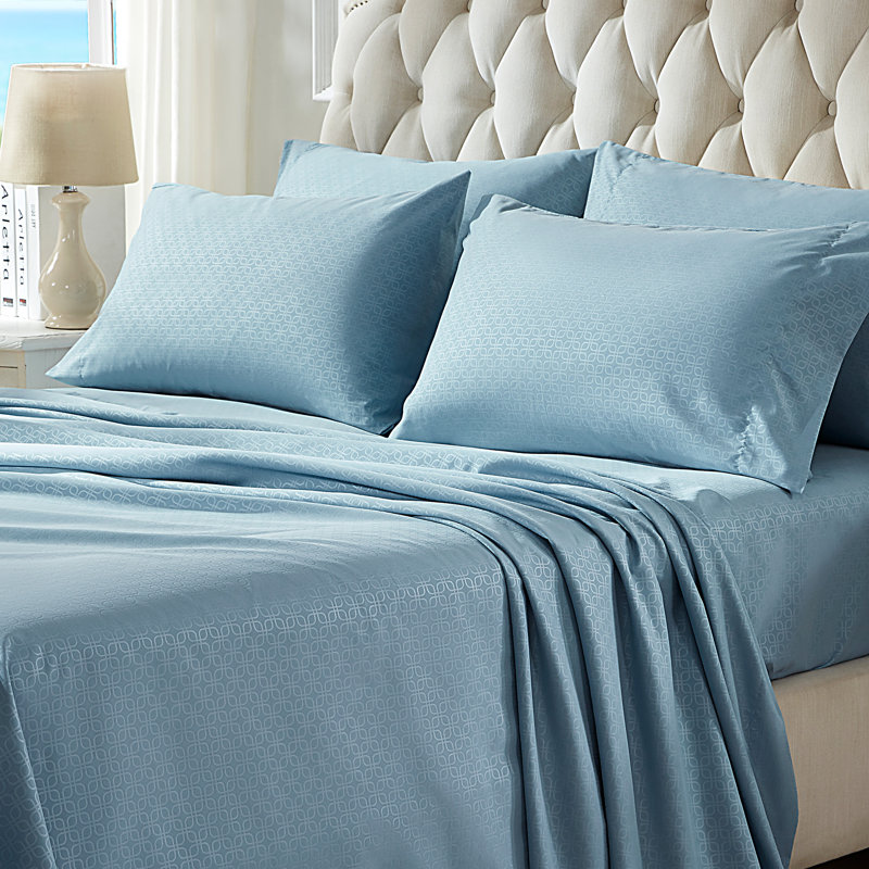 Geometric Embossed Sheet Set, Blue, Full Sheet Set with 2 Pillowcases