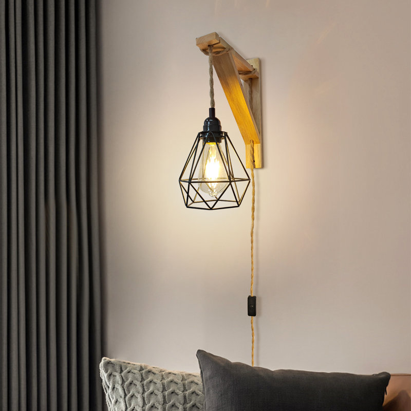 Rustic Plug-In Wall Sconce With Wood Shelf, Hanging Lamp With On/Off Switch, For Farmhouse Bedroom, Hallway, Living Room