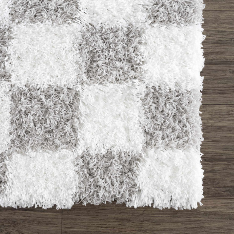 Atiran Checkered Plush Pile Gray Area Rug, Rectangle 8'10" x 12'