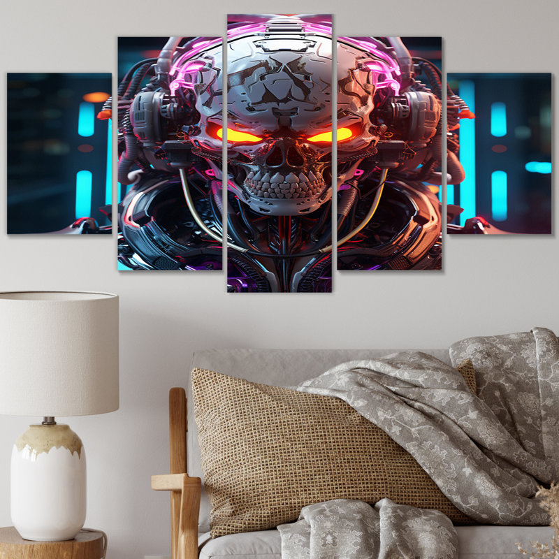 «Sci-Fi Retro Futuristic Robot In Neon I» - Impression sur toile fantastique et science-fiction - 5 panneaux