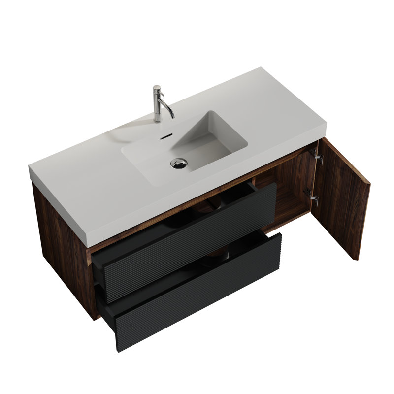 Meuble-lavabo mural 48 po avec lavabo et tiroirs noirs doux pour salle de bain moderne, sans drain ni robinet, pré-assemblé
