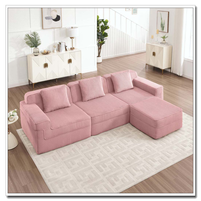 Canapé modulaire en forme de L à 3 places avec canapé désossé, canapé modulaire Cloud avec assise profonde, canapé modulaire moderne à 3 places avec coussins décoratifs et 1 repose-pieds mobile