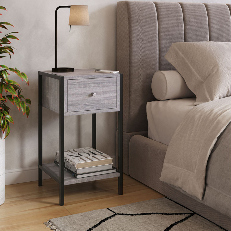 One-Drawer Compact Bedside Cabinet, Wood-Effect Finish, 33cm, Grey