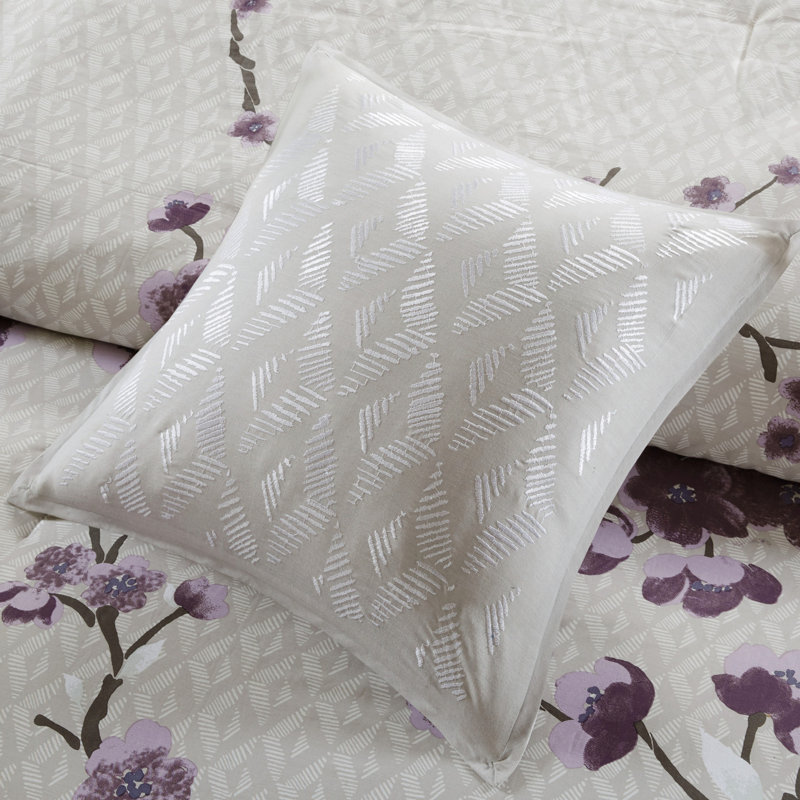 Édredon très grand mauve / taupe - imprimé floral en coton 8 pièces, 2 taies décoratives européennes, coussins décoratifs, poutre de soutien à motif lavable à la machine