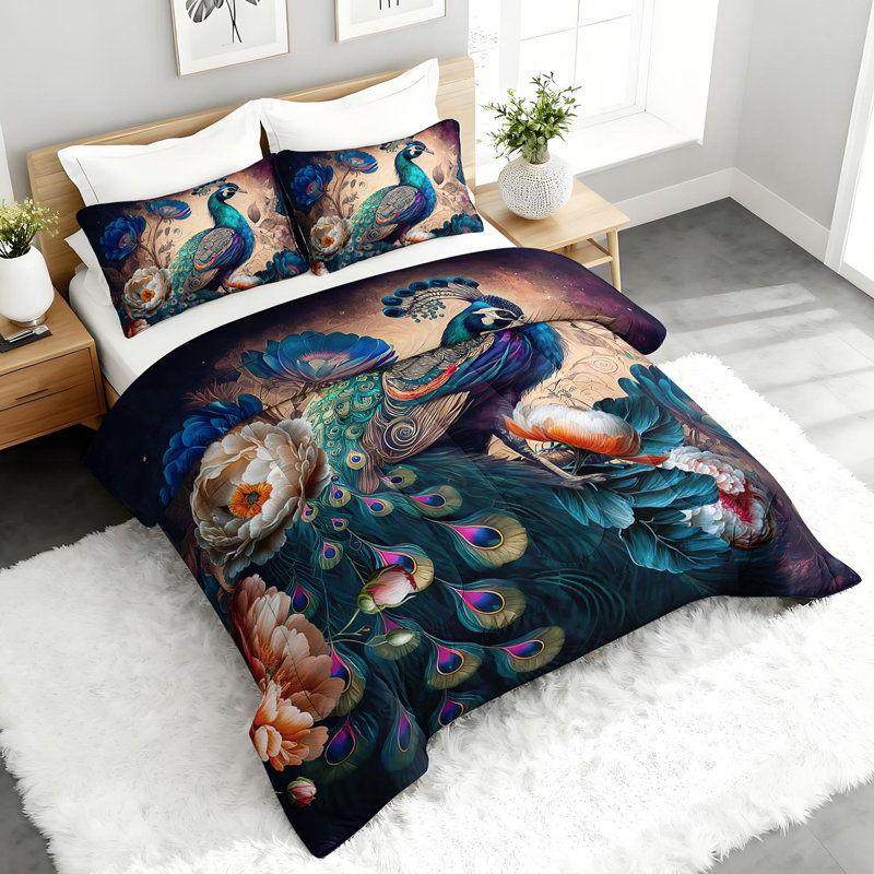 Ensemble d'édredon luxueux paon, ensemble de literie élégant avec 2 taies d'oreiller, literie douce et lavable à la machine, édredon toutes saisons pour le décor