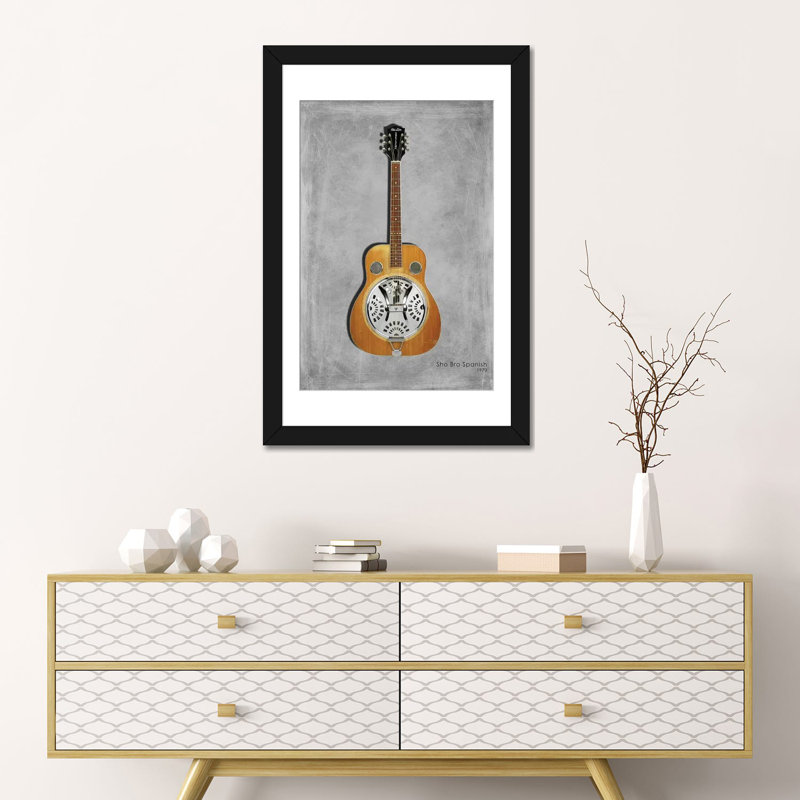 « gretsch cho-bro espagnol, 1970 », impression sur toile tendue, H 24 po x l 16 po x P 1 po, Papier d'art encadré noir, Blanc