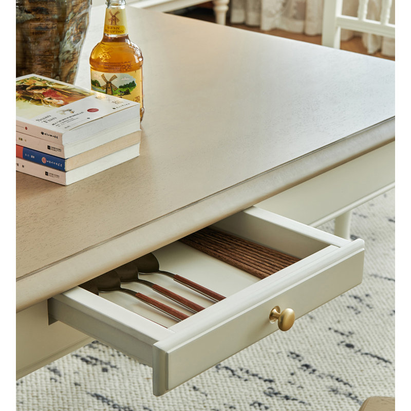 Table de salle à manger de style américain rectangulaire en bois massif avec tiroirs, Brun