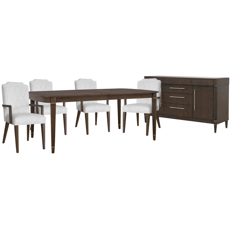 Leg Dining Table With 4 Upholstered Arm Chairs And Buffet, 6 Pcs: Table, 4 Chairs, Buffet