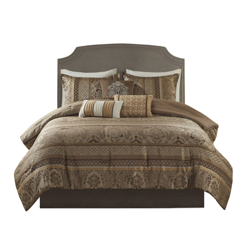 Édredon pour grand lit - 7 pièces brun / or, look élégant, joli design, Grand et 6 pièce supplémentaires