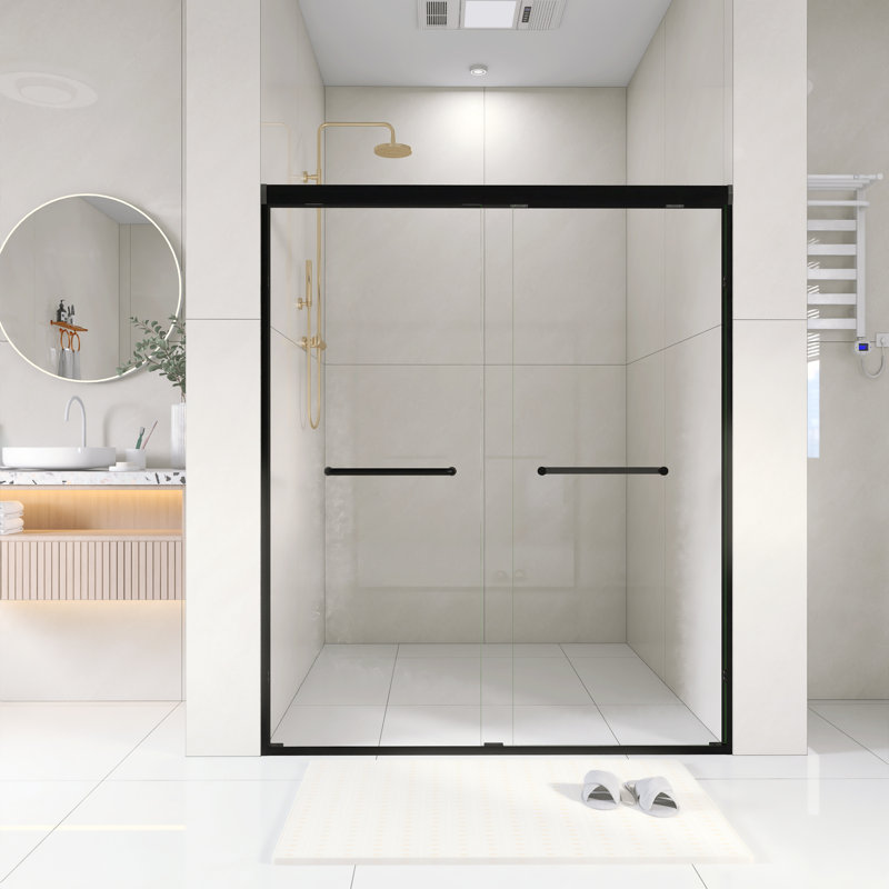 56 In. -60 In. W × 72 In. H Double Sliding Shower Door With 1/4" Tempered Glass In Matt Black |  Aluminum Frame  Explosion Proof Film |   Stainless Steel Handle