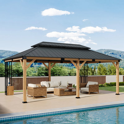12' x 20' Solid Wood Hardtop Gazebo with Double Galvanized Steel Roof and Storage Cabinet